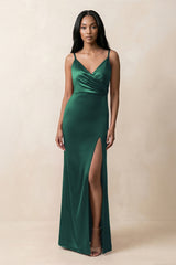 Spaghetti Strap Sheath Satin Ruched Bridesmaid Dress in Dark Green - KISS BRIDAL Bridesmaid Dresses