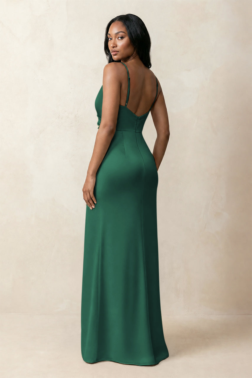 Spaghetti Strap Sheath Satin Ruched Bridesmaid Dress in Dark Green