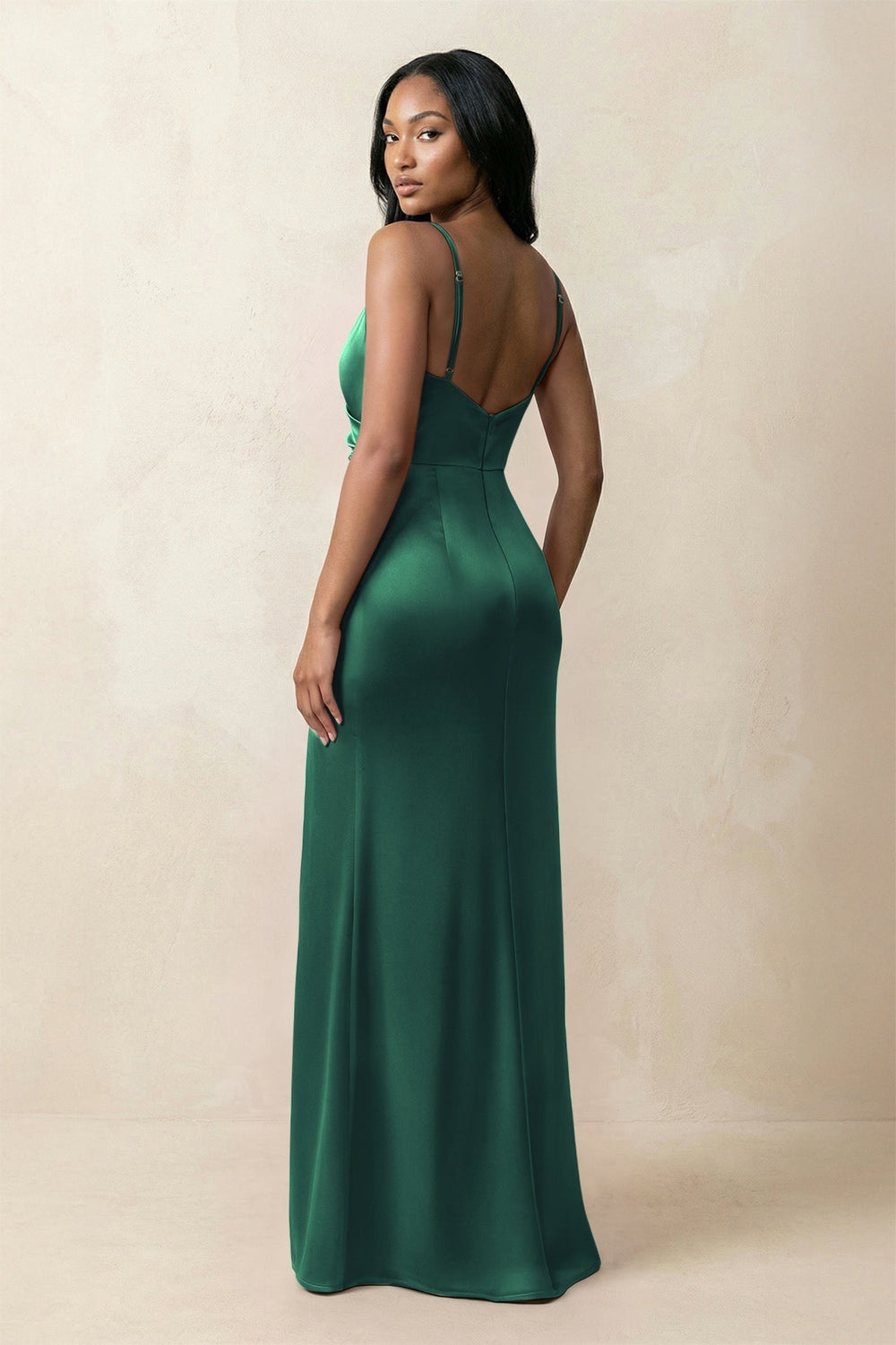 Spaghetti Strap Sheath Satin Ruched Bridesmaid Dress in Dark Green - KISS BRIDAL Bridesmaid Dresses