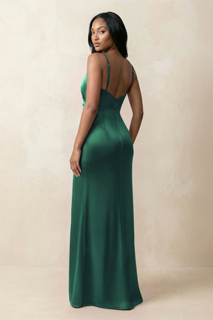 Spaghetti Strap Sheath Satin Ruched Bridesmaid Dress in Dark Green - KISS BRIDAL Bridesmaid Dresses