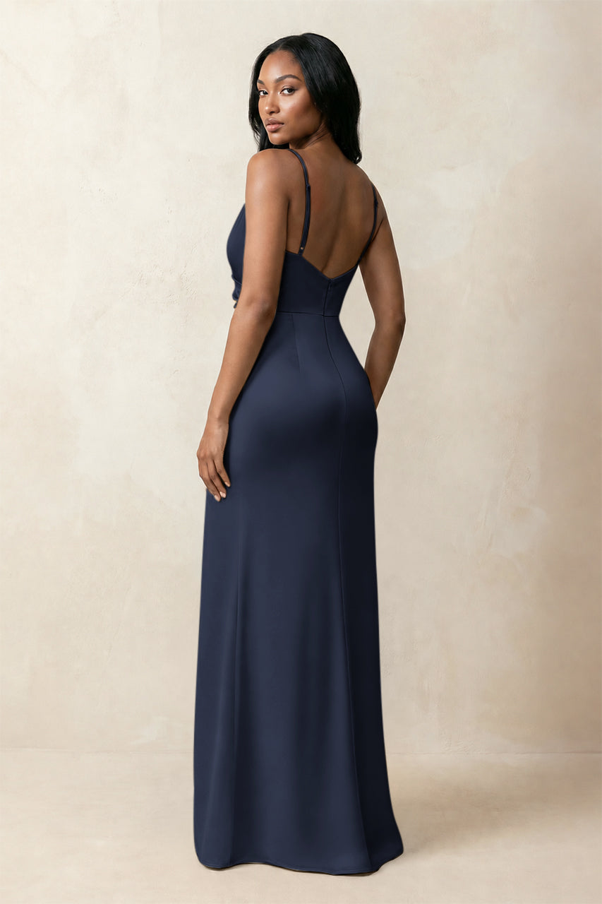 Spaghetti Strap Sheath Satin Ruched Bridesmaid Dress in Dark Navy