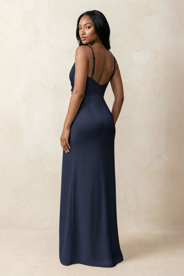 Spaghetti Strap Sheath Satin Ruched Bridesmaid Dress in Dark Navy (2) | KISSBRIDAL