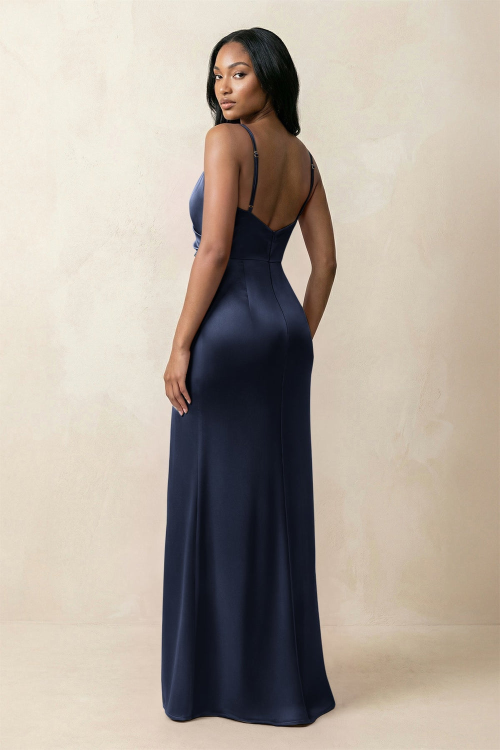 Spaghetti Strap Sheath Satin Ruched Bridesmaid Dress in Dark Navy - KISS BRIDAL Bridesmaid Dresses