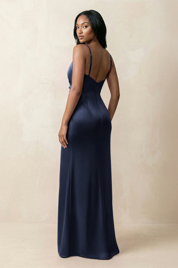 Spaghetti Strap Sheath Satin Ruched Bridesmaid Dress in Dark Navy - KISS BRIDAL Bridesmaid Dresses