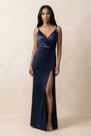 Spaghetti Strap Sheath Satin Ruched Bridesmaid Dress in Dark Navy - KISS BRIDAL Bridesmaid Dresses