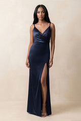 Spaghetti Strap Sheath Satin Ruched Bridesmaid Dress in Dark Navy - KISS BRIDAL Bridesmaid Dresses
