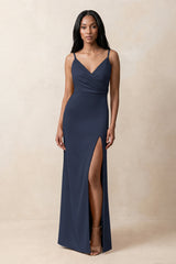 Spaghetti Strap Sheath Satin Ruched Bridesmaid Dress in Dark Navy | KISSBRIDAL