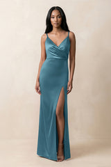 Spaghetti Strap Sheath Satin Ruched Bridesmaid Dress in Dark Teal - KISS BRIDAL Bridesmaid Dresses