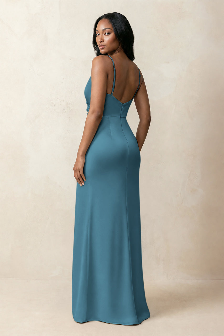 Spaghetti Strap Sheath Satin Ruched Bridesmaid Dress in Dark Teal