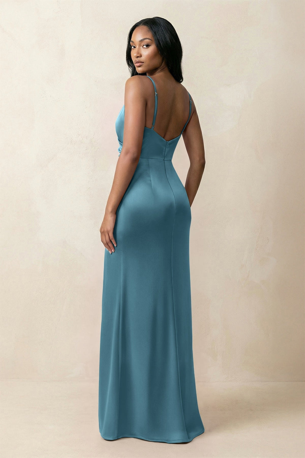 Spaghetti Strap Sheath Satin Ruched Bridesmaid Dress in Dark Teal - KISS BRIDAL Bridesmaid Dresses
