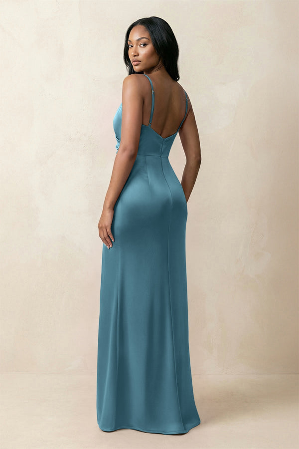 Spaghetti Strap Sheath Satin Ruched Bridesmaid Dress in Dark Teal - KISS BRIDAL Bridesmaid Dresses