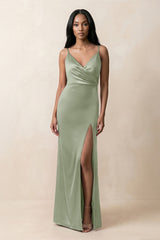 Spaghetti Strap Sheath Satin Ruched Bridesmaid Dress in Dove Gray - KISS BRIDAL Bridesmaid Dresses