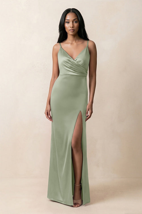 Spaghetti Strap Sheath Satin Ruched Bridesmaid Dress in Dove Gray - KISS BRIDAL Bridesmaid Dresses