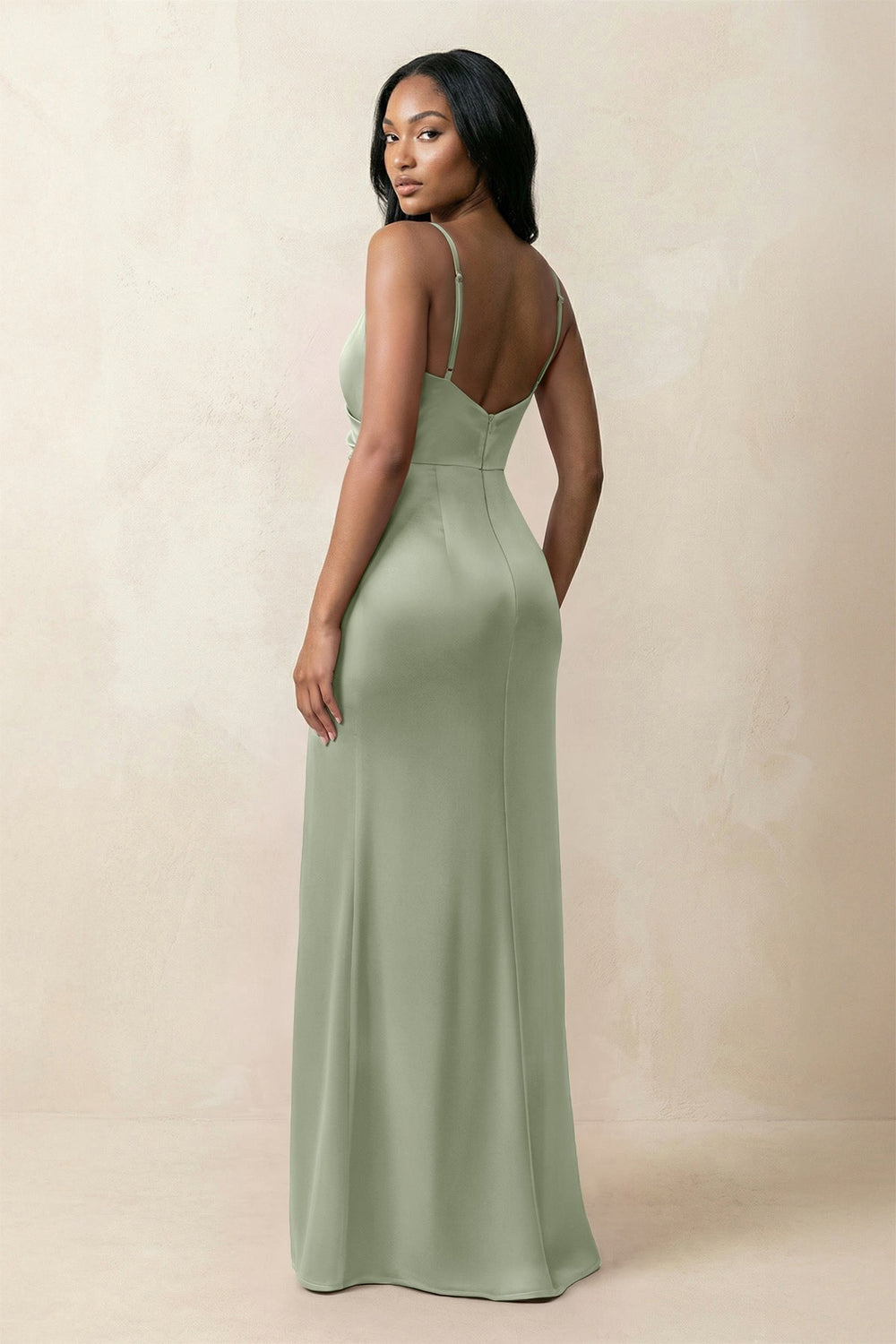Spaghetti Strap Sheath Satin Ruched Bridesmaid Dress in Dove Gray - KISS BRIDAL Bridesmaid Dresses