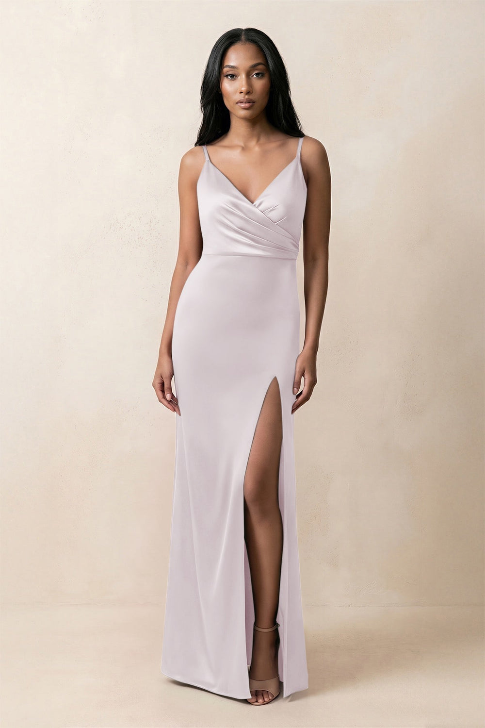 Spaghetti Strap Sheath Satin Ruched Bridesmaid Dress in Dusk - KISS BRIDAL Bridesmaid Dresses
