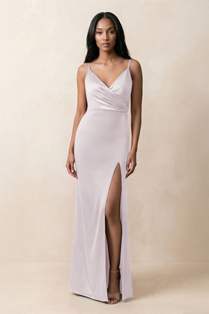 Spaghetti Strap Sheath Satin Ruched Bridesmaid Dress in Dusk - KISS BRIDAL Bridesmaid Dresses