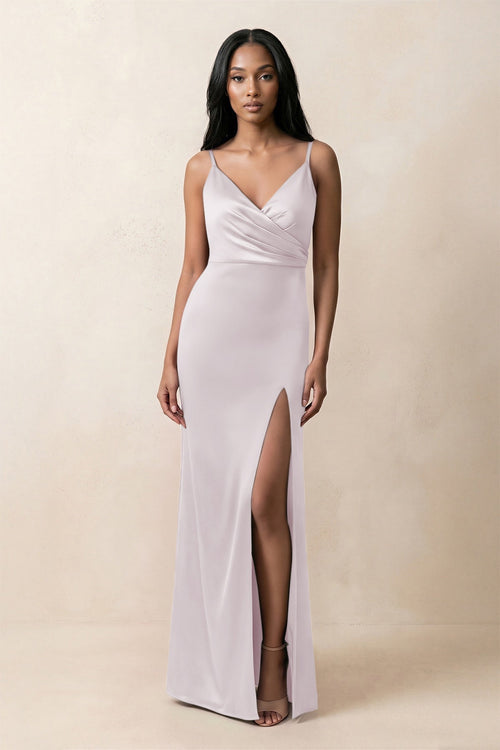 Spaghetti Strap Sheath Satin Ruched Bridesmaid Dress in Dusk - KISS BRIDAL Bridesmaid Dresses
