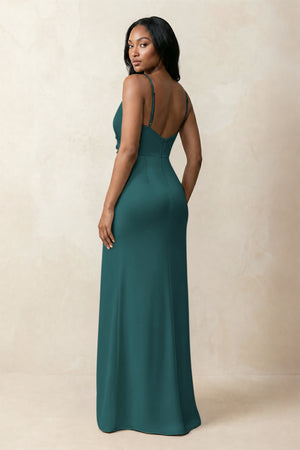Spaghetti Strap Sheath Satin Ruched Bridesmaid Dress in Emerald (2) | KISSBRIDAL