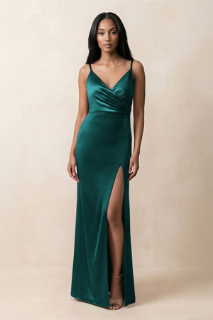 Spaghetti Strap Sheath Satin Ruched Bridesmaid Dress in Emerald - KISS BRIDAL Bridesmaid Dresses