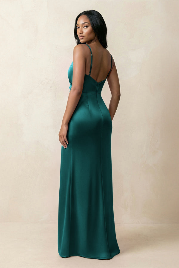 Spaghetti Strap Sheath Satin Ruched Bridesmaid Dress in Emerald - KISS BRIDAL Bridesmaid Dresses