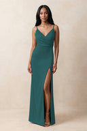 Spaghetti Strap Sheath Satin Ruched Bridesmaid Dress in Emerald | KISSBRIDAL