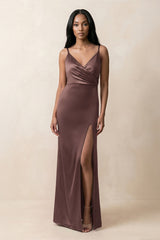 Spaghetti Strap Sheath Satin Ruched Bridesmaid Dress in Espresso - KISS BRIDAL Bridesmaid Dresses