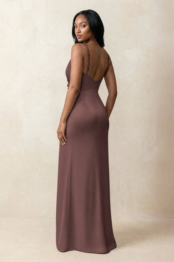 Spaghetti Strap Sheath Satin Ruched Bridesmaid Dress in Espresso (2) | KISSBRIDAL