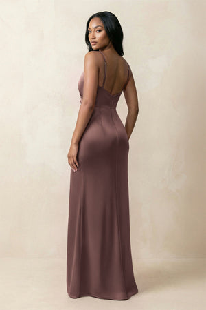 Spaghetti Strap Sheath Satin Ruched Bridesmaid Dress in Espresso - KISS BRIDAL Bridesmaid Dresses