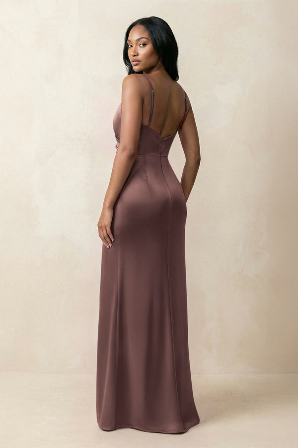 Spaghetti Strap Sheath Satin Ruched Bridesmaid Dress in Espresso - KISS BRIDAL Bridesmaid Dresses