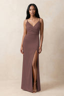 Spaghetti Strap Sheath Satin Ruched Bridesmaid Dress in Espresso | KISSBRIDAL