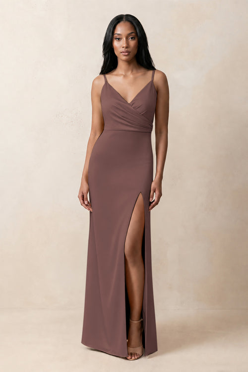 Spaghetti Strap Sheath Satin Ruched Bridesmaid Dress in Espresso | KISSBRIDAL