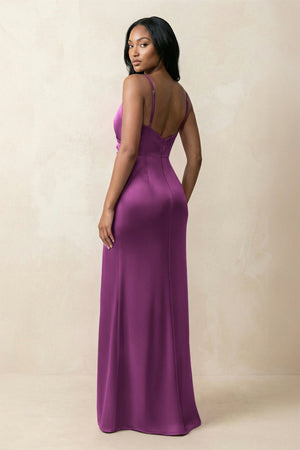 Spaghetti Strap Sheath Satin Ruched Bridesmaid Dress in Fig - KISS BRIDAL Bridesmaid Dresses