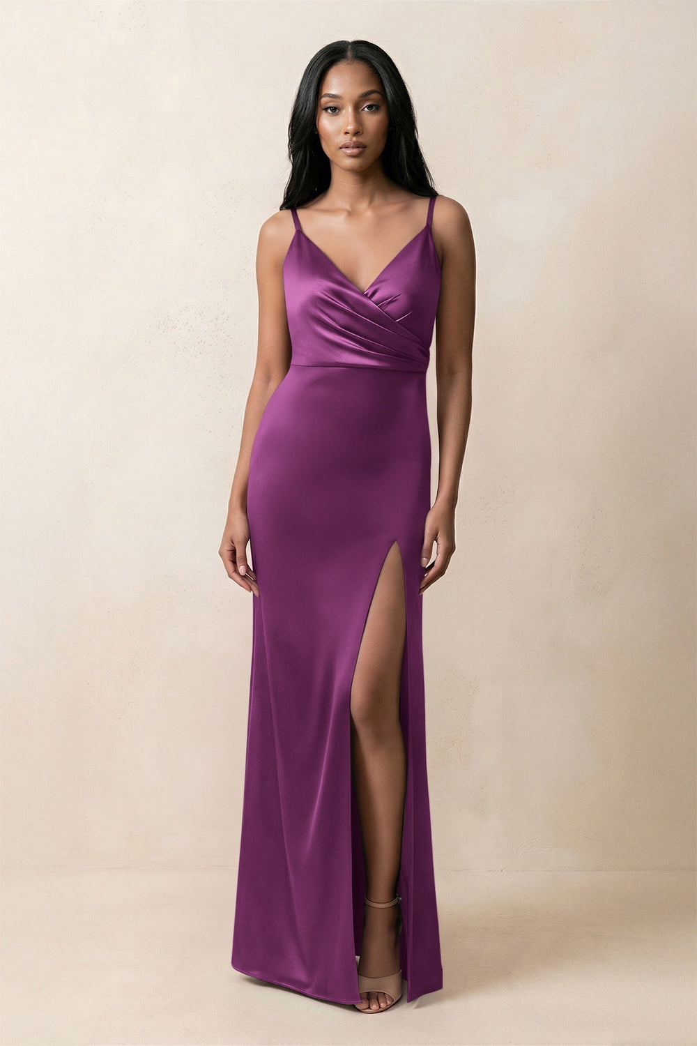 Spaghetti Strap Sheath Satin Ruched Bridesmaid Dress in Fig - KISS BRIDAL Bridesmaid Dresses