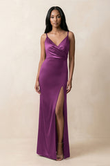 Spaghetti Strap Sheath Satin Ruched Bridesmaid Dress in Fig - KISS BRIDAL Bridesmaid Dresses
