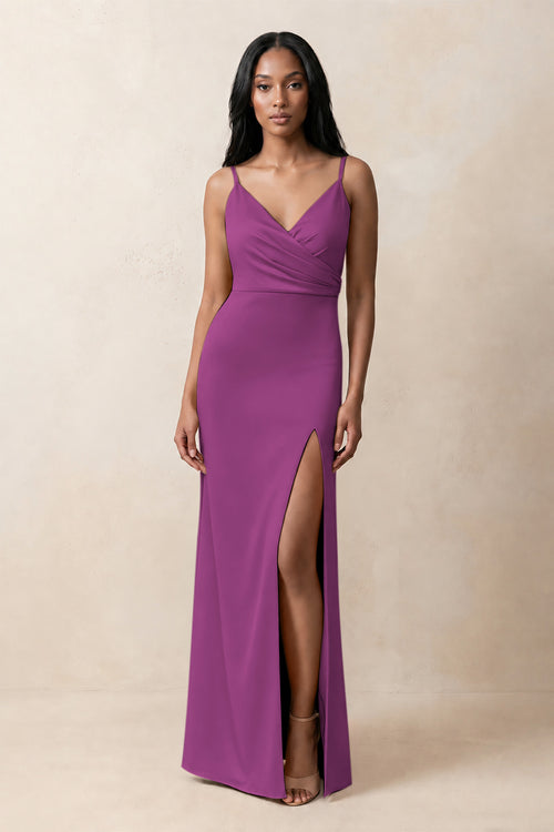 Spaghetti Strap Sheath Satin Ruched Bridesmaid Dress in Fig | KISSBRIDAL