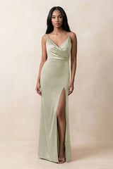 Spaghetti Strap Sheath Satin Ruched Bridesmaid Dress in Frost - KISS BRIDAL Bridesmaid Dresses