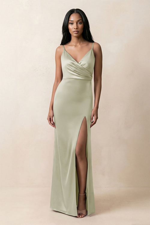 Spaghetti Strap Sheath Satin Ruched Bridesmaid Dress in Frost - KISS BRIDAL Bridesmaid Dresses