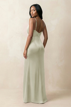 Spaghetti Strap Sheath Satin Ruched Bridesmaid Dress in Frost - KISS BRIDAL Bridesmaid Dresses