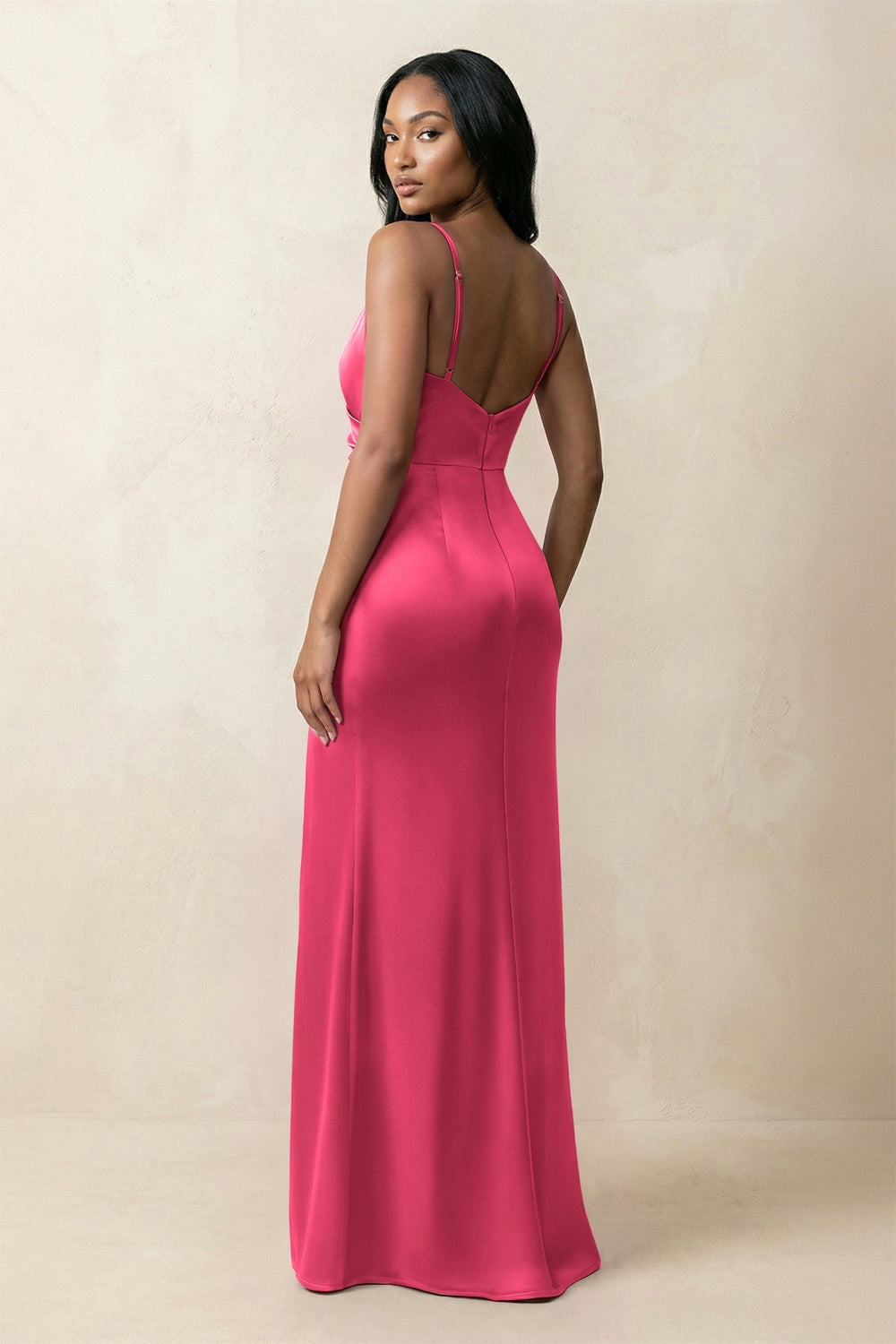Spaghetti Strap Sheath Satin Ruched Bridesmaid Dress in Fuchsia - KISS BRIDAL Bridesmaid Dresses