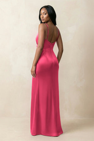 Spaghetti Strap Sheath Satin Ruched Bridesmaid Dress in Fuchsia - KISS BRIDAL Bridesmaid Dresses