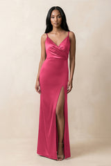 Spaghetti Strap Sheath Satin Ruched Bridesmaid Dress in Fuchsia - KISS BRIDAL Bridesmaid Dresses