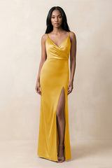Spaghetti Strap Sheath Satin Ruched Bridesmaid Dress in Gold - KISS BRIDAL Bridesmaid Dresses