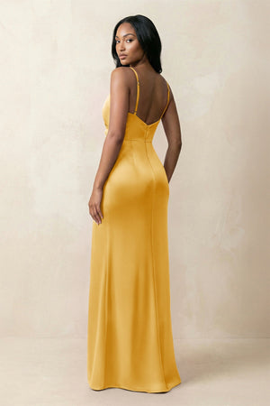 Spaghetti Strap Sheath Satin Ruched Bridesmaid Dress in Gold - KISS BRIDAL Bridesmaid Dresses