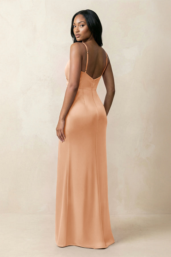 Spaghetti Strap Sheath Satin Ruched Bridesmaid Dress in Golden Champagne - KISS BRIDAL Bridesmaid Dresses