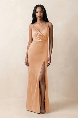 Spaghetti Strap Sheath Satin Ruched Bridesmaid Dress in Golden Champagne - KISS BRIDAL Bridesmaid Dresses