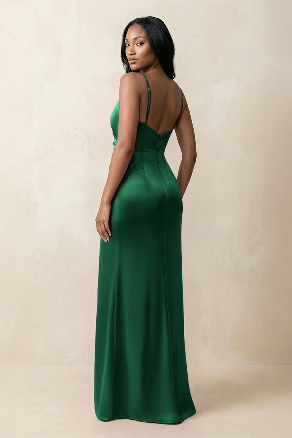 Spaghetti Strap Sheath Satin Ruched Bridesmaid Dress in Green - KISS BRIDAL Bridesmaid Dresses