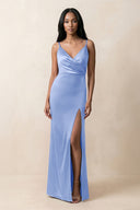 Spaghetti Strap Sheath Satin Ruched Bridesmaid Dress in Ice - KISS BRIDAL Bridesmaid Dresses