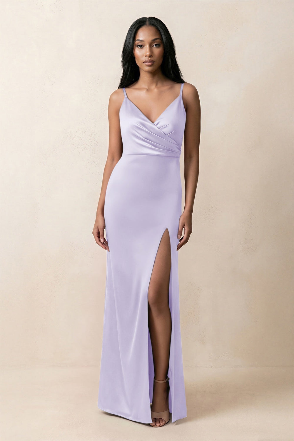 Spaghetti Strap Sheath Satin Ruched Bridesmaid Dress in Lavender - KISS BRIDAL Bridesmaid Dresses