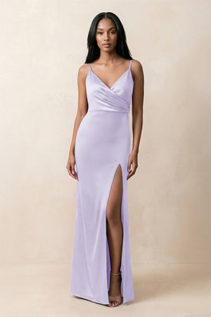 Spaghetti Strap Sheath Satin Ruched Bridesmaid Dress in Lavender - KISS BRIDAL Bridesmaid Dresses