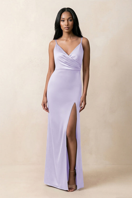Spaghetti Strap Sheath Satin Ruched Bridesmaid Dress in Lavender - KISS BRIDAL Bridesmaid Dresses